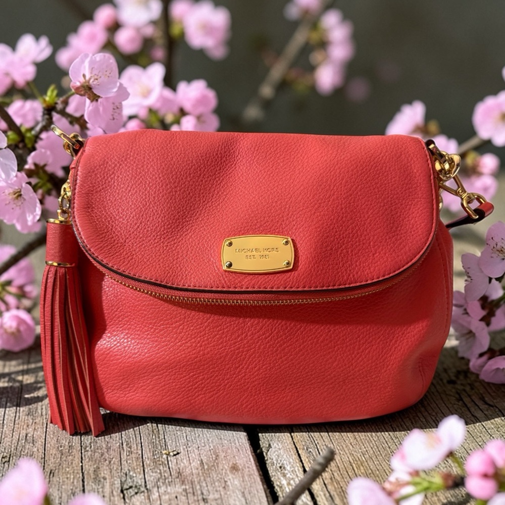 Michael Kors Coral Pink Pebbled Leather Shoulder Bag with Tassel